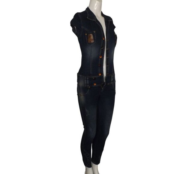 SCORPIO JEANS Jumpsuit, Jr 3, Cap sleeve, Skinny, Button top, Embellished cuffs, - Picture 2 of 9